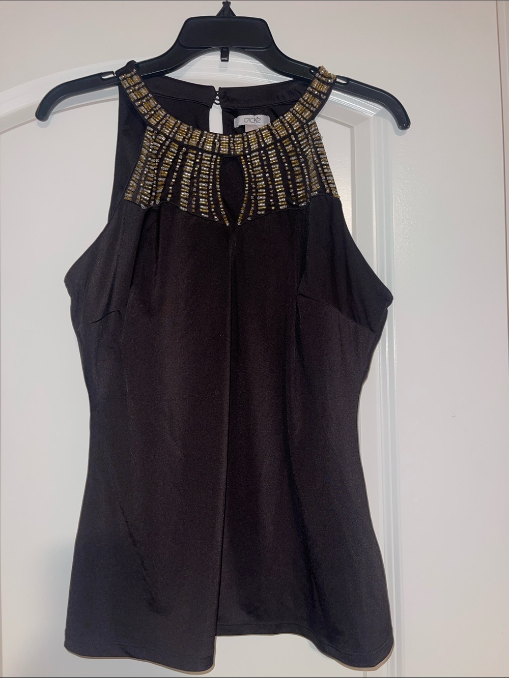 Black Halter Tank with Gold Beaded Neckline